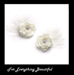 Ivory Sheer Satin Rose Feather Crystal Accent Wedding Shoe Clips