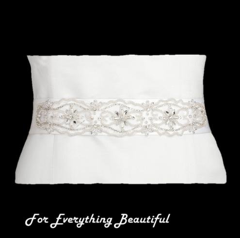 Image 0 of White Floral Crystal Rhinestone Matte Satin Ribbon Wedding Sash Belt 