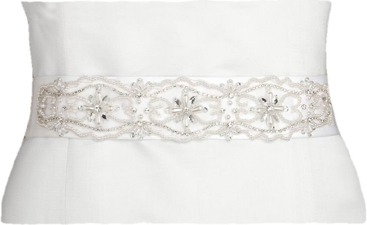 Image 1 of White Floral Crystal Rhinestone Matte Satin Ribbon Wedding Sash Belt 