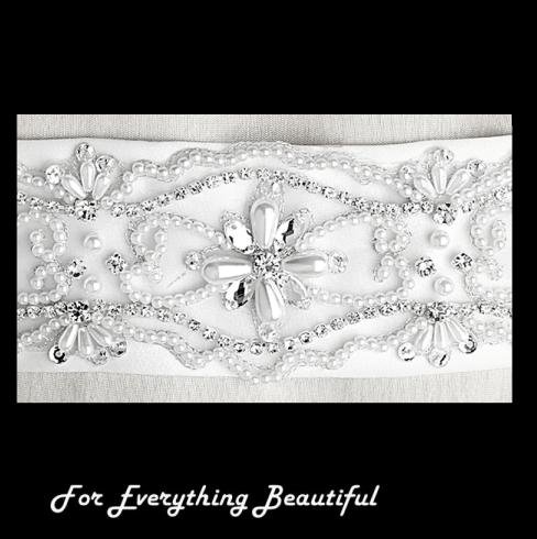 Image 2 of White Floral Crystal Rhinestone Matte Satin Ribbon Wedding Sash Belt 