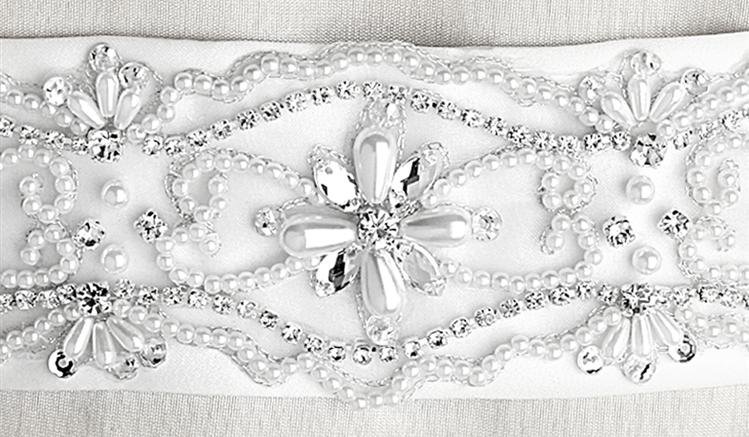 Image 3 of White Floral Crystal Rhinestone Matte Satin Ribbon Wedding Sash Belt 