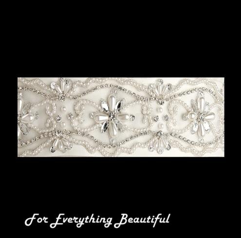 Image 2 of Ivory Floral Crystal Rhinestone Matte Satin Ribbon Wedding Sash Belt 