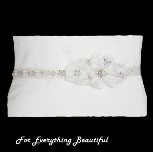 Image 0 of White Floral Cluster Crystal Pearl Satin Ribbon Wedding Sash Belt 