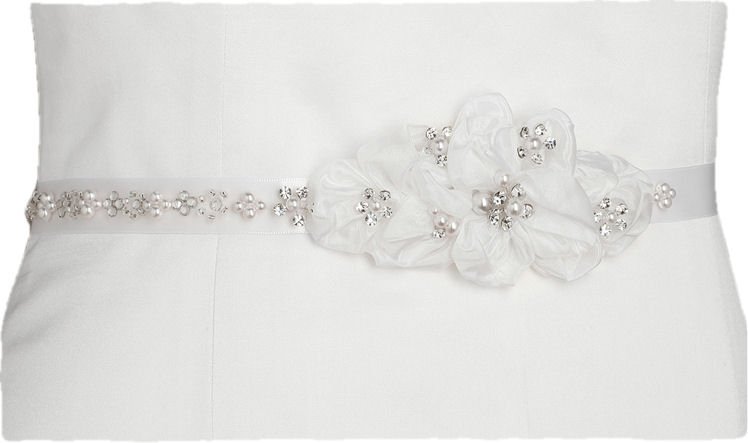 Image 1 of White Floral Cluster Crystal Pearl Satin Ribbon Wedding Sash Belt 