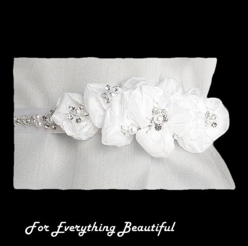 Image 2 of White Floral Cluster Crystal Pearl Satin Ribbon Wedding Sash Belt 