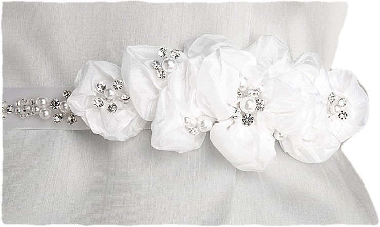 Image 3 of White Floral Cluster Crystal Pearl Satin Ribbon Wedding Sash Belt 