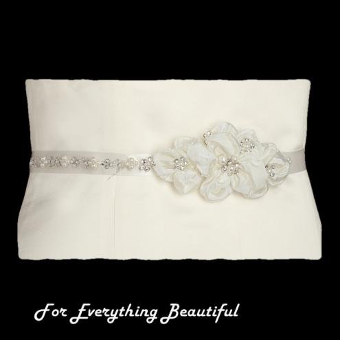 Image 0 of Ivory Floral Cluster Crystal Pearl Satin Ribbon Wedding Sash Belt 