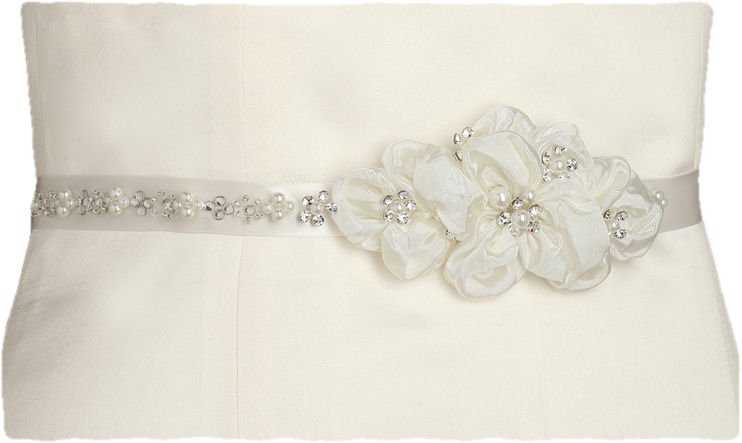 Image 1 of Ivory Floral Cluster Crystal Pearl Satin Ribbon Wedding Sash Belt 