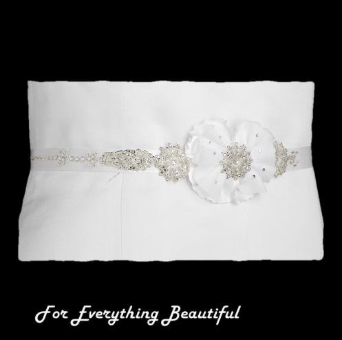 Image 0 of White Floral Tulle Crystal Pearl Satin Ribbon Wedding Sash Belt 