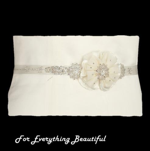 Image 0 of Ivory Floral Tulle Crystal Pearl Satin Ribbon Wedding Sash Belt 