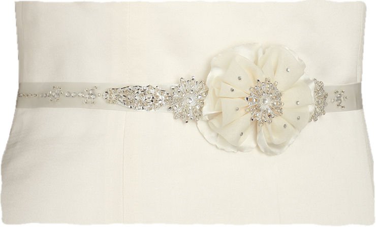 Image 1 of Ivory Floral Tulle Crystal Pearl Satin Ribbon Wedding Sash Belt 