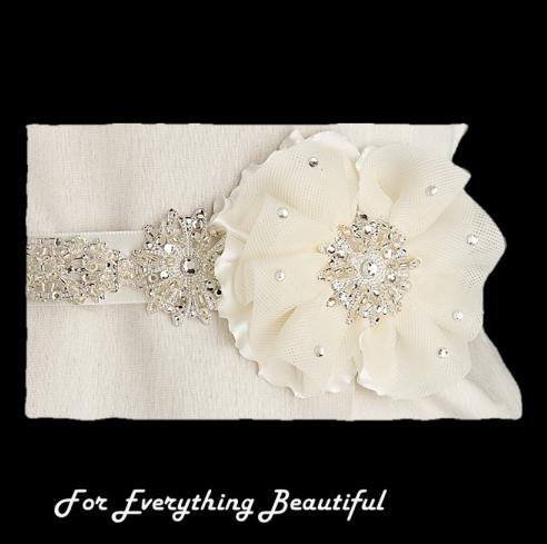 Image 2 of Ivory Floral Tulle Crystal Pearl Satin Ribbon Wedding Sash Belt 