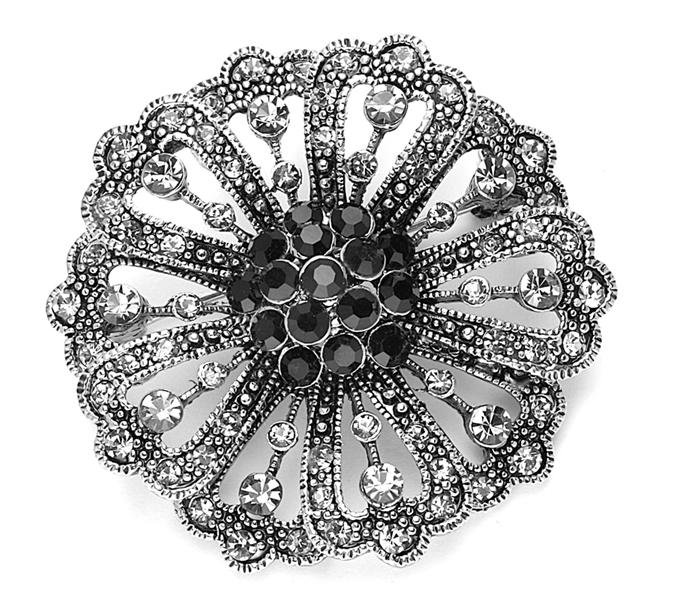 Image 1 of Black Crystal Hematite Floral Pinwheel Antique Silver Plated Brooch 