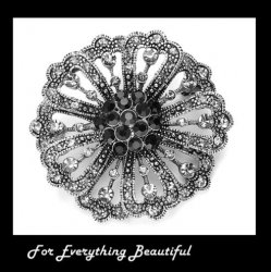 Black Crystal Hematite Floral Pinwheel Antique Silver Plated Brooch 
