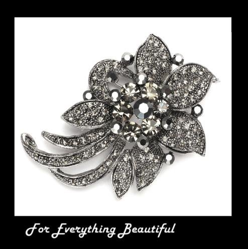 Image 0 of Black Crystal Hematite Floral Antique Silver Plated Brooch 