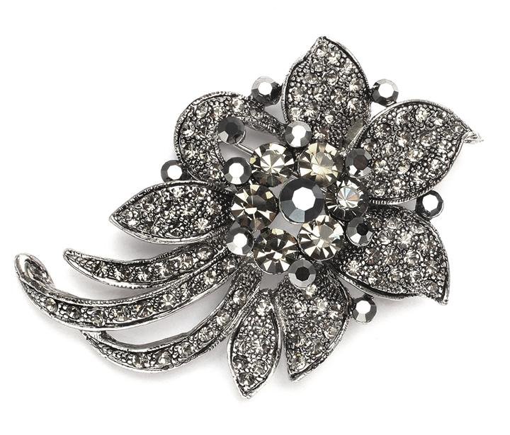 Image 1 of Black Crystal Hematite Floral Antique Silver Plated Brooch 