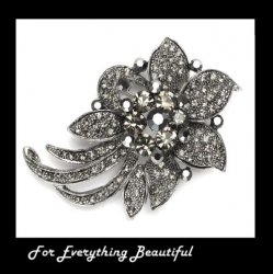 Black Crystal Hematite Floral Antique Silver Plated Brooch 