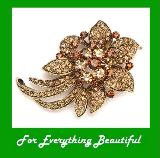 Image 0 of Golden Crystal Smokey Topaz Floral Antique Gold Plated Brooch 