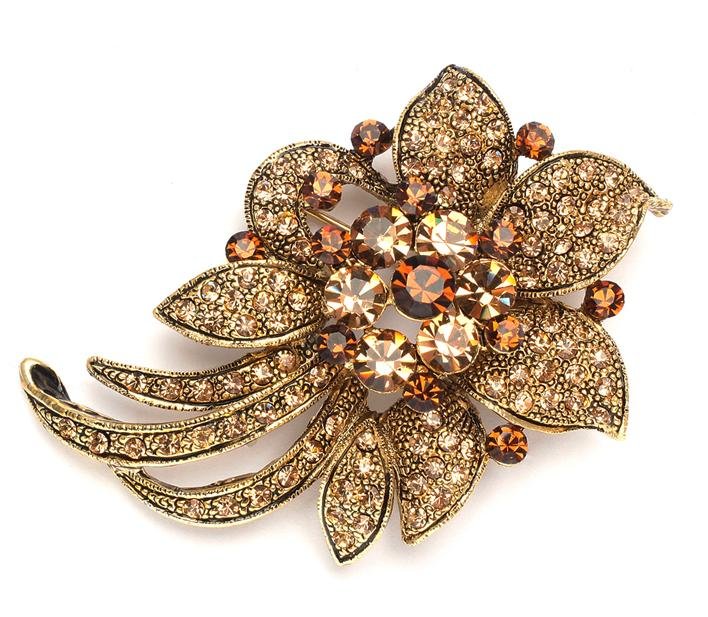 Image 1 of Golden Crystal Smokey Topaz Floral Antique Gold Plated Brooch 
