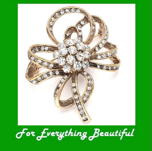 Image 0 of Golden Crystal Ribbon Bow Mocha Pearl Antique Gold Plated Brooch 