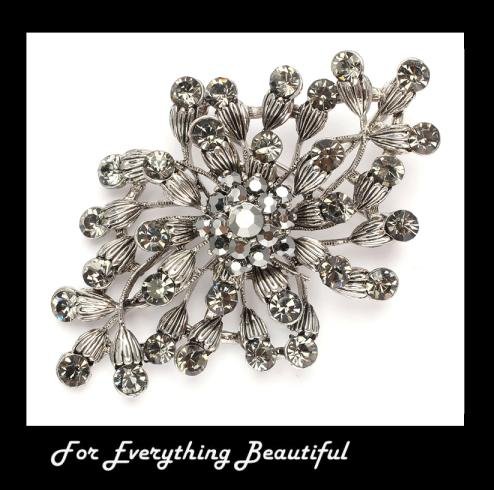 Image 0 of Black Budding Bloom Crystal Hematite Antique Silver Plated Brooch 