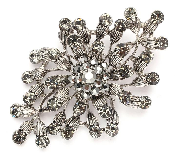 Image 1 of Black Budding Bloom Crystal Hematite Antique Silver Plated Brooch 