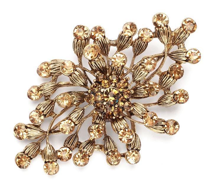 Image 1 of Golden Budding Bloom Crystal Antique Gold Plated Brooch 
