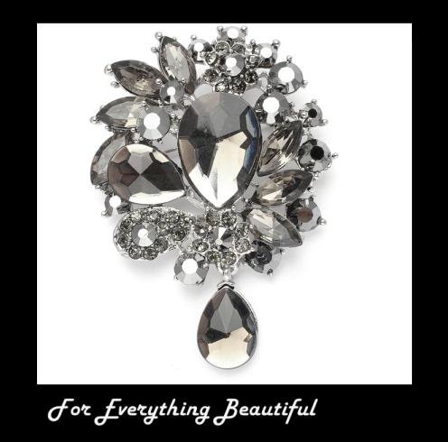 Image 0 of Black Crystal Pear Teardrop Hematite Antique Silver Plated Brooch 