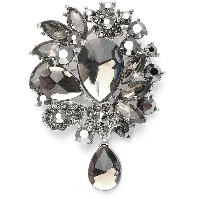 Image 1 of Black Crystal Pear Teardrop Hematite Antique Silver Plated Brooch 