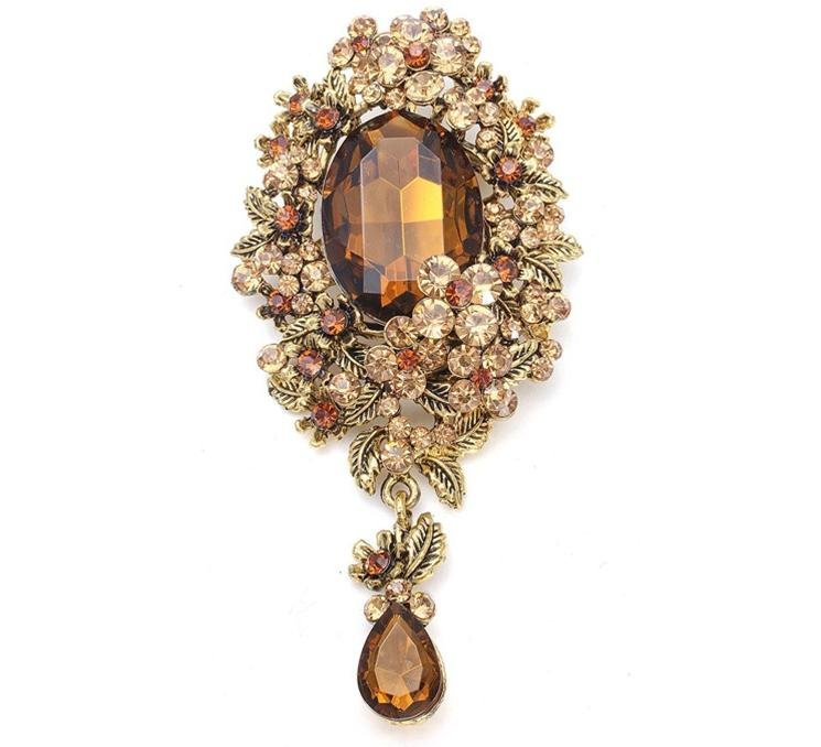 Image 1 of Golden Crystal Smokey Topaz Floral Bouquet Gold Plated Brooch 