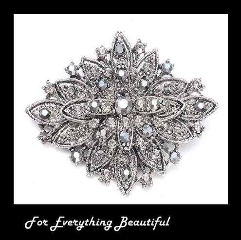 Image 0 of Black Crystal Starburst Hematite Antique Silver Plated Brooch 