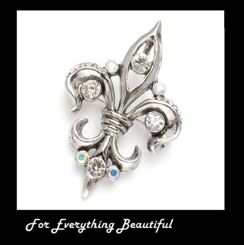 Image 0 of Antique Silver Crystal Fleur de Lis Silver Plated Brooch 