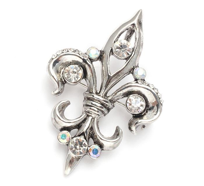 Image 1 of Antique Silver Crystal Fleur de Lis Silver Plated Brooch 