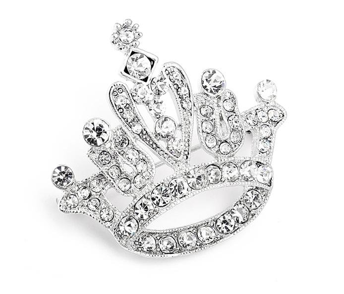 Image 1 of Crown Silver Crystal Rhinestone Silver Plated Brooch 