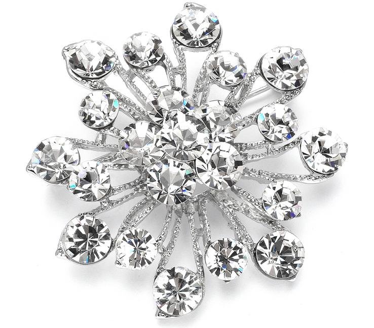 Image 1 of Silver Budding Bloom Round Crystal Silver Plated Brooch 