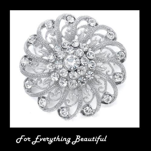 Image 0 of Silver Spiral Filigree Round Crystal Silver Plated Brooch 
