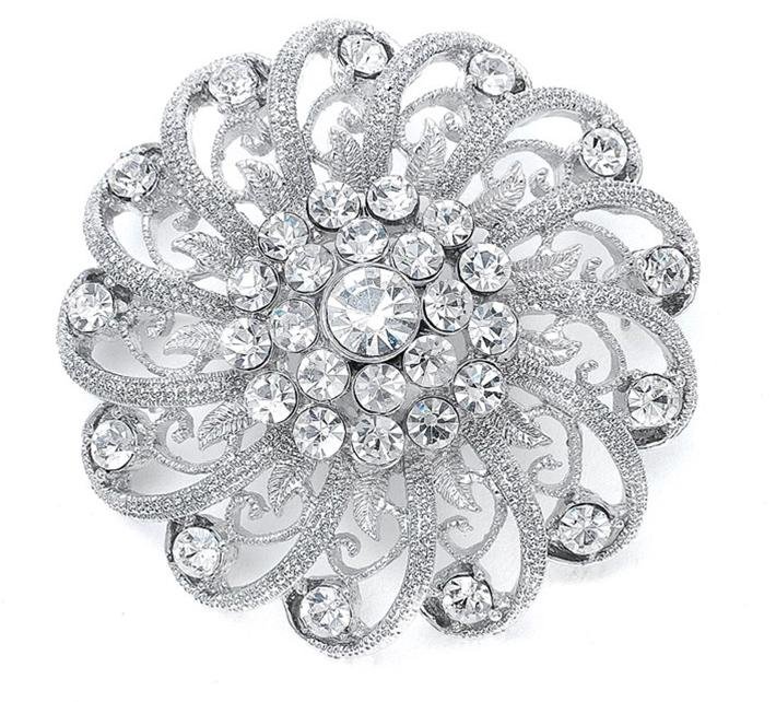 Image 1 of Silver Spiral Filigree Round Crystal Silver Plated Brooch 