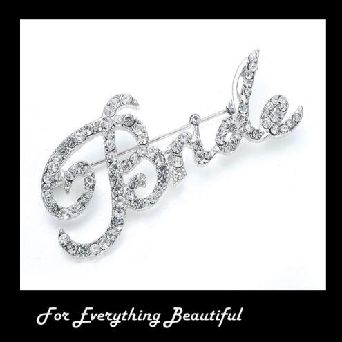 Image 0 of Crystal Encrusted Bride Wording Elegant Script Silver Plated Brooch 