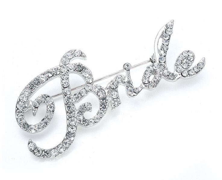 Image 1 of Crystal Encrusted Bride Wording Elegant Script Silver Plated Brooch 