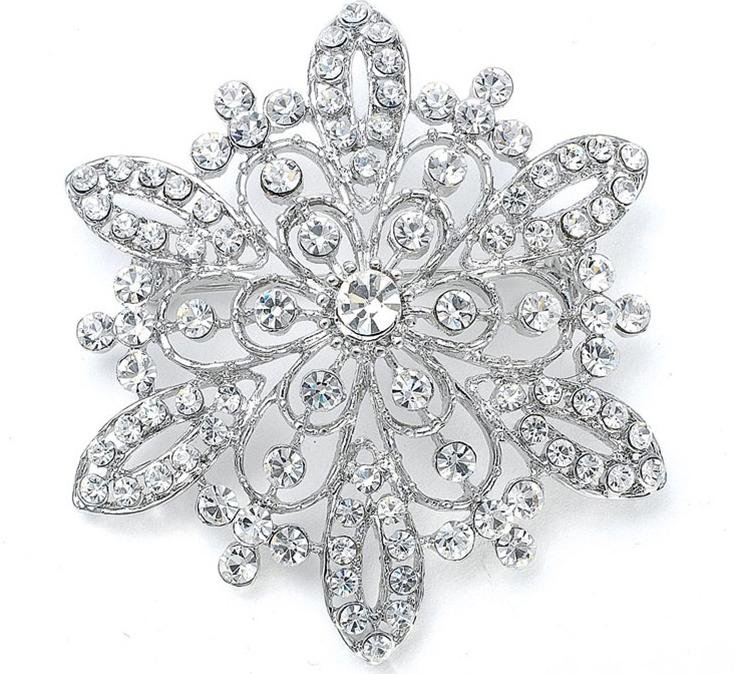 Image 1 of Silver Sunburst Floral Round Crystal Silver Plated Brooch 