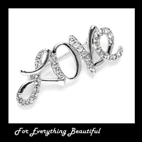 Image 0 of Crystal Encrusted Love Wording Elegant Script Silver Plated Brooch 