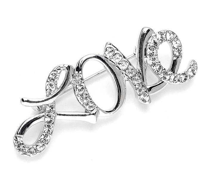 Image 1 of Crystal Encrusted Love Wording Elegant Script Silver Plated Brooch 