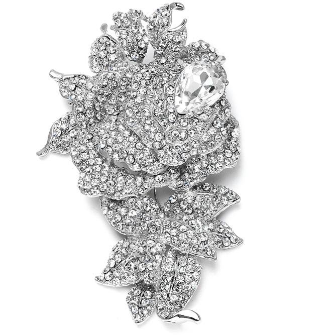 Image 1 of Bejeweled Rose Pear Crystal Rhinestone Silver Plated Brooch 