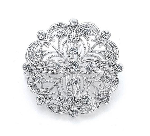 Image 1 of Silver Hearts Filigree Crystal Silver Plated Brooch 