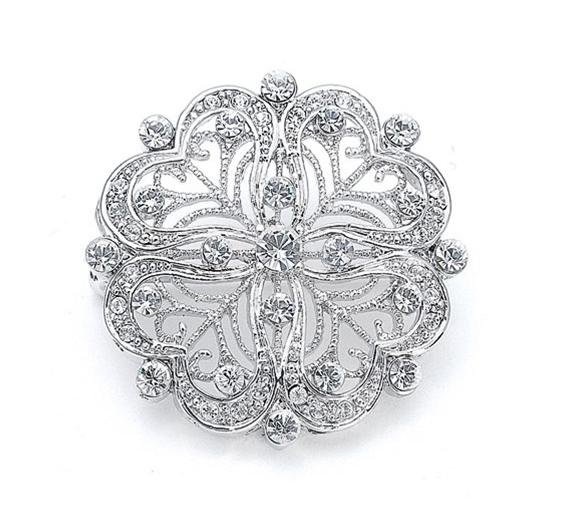 Image 1 of Silver Hearts Filigree Crystal Silver Plated Brooch 
