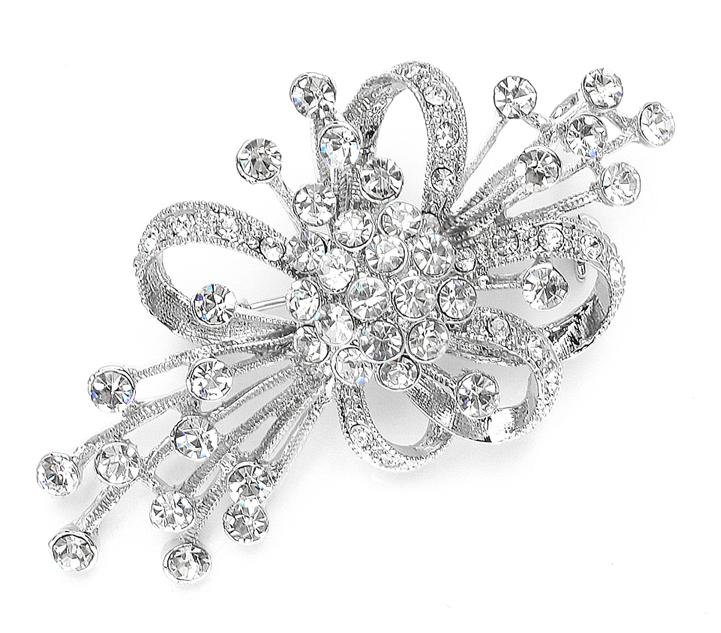Image 1 of Silver Crystal Sprays Ribbon Bow Silver Plated Brooch 