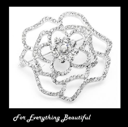 Image 0 of Silver Crystal Open Rose Floral Silver Plated Brooch