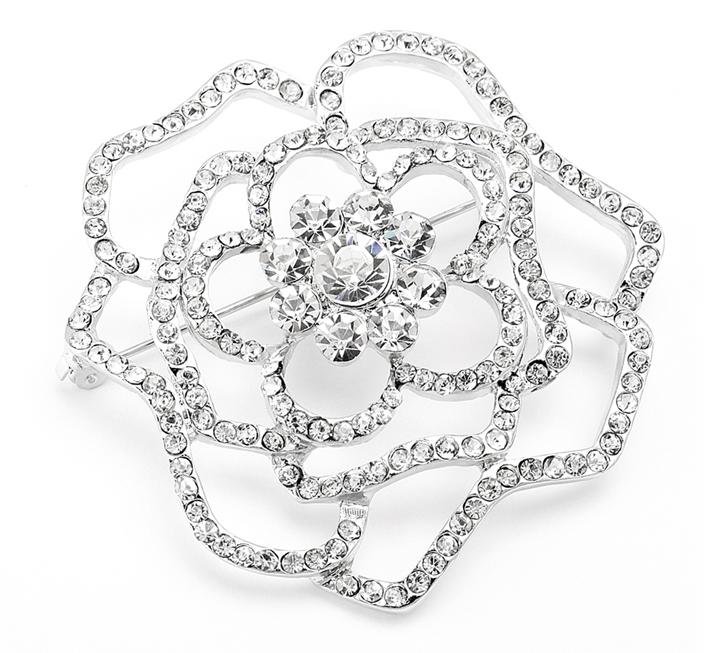 Image 1 of Silver Crystal Open Rose Floral Silver Plated Brooch