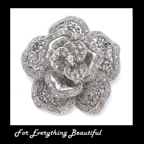 Image 0 of Antique Silver Crystal Rose Floral Silver Plated Brooch