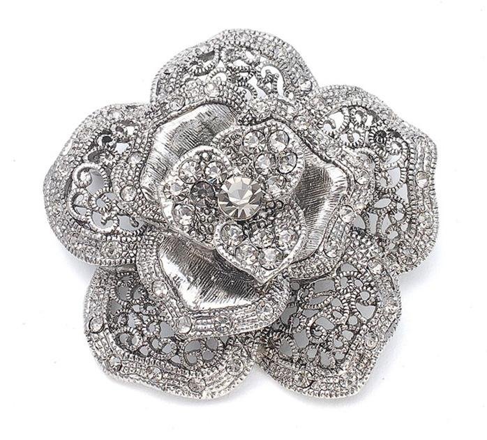 Image 1 of Antique Silver Crystal Rose Floral Silver Plated Brooch